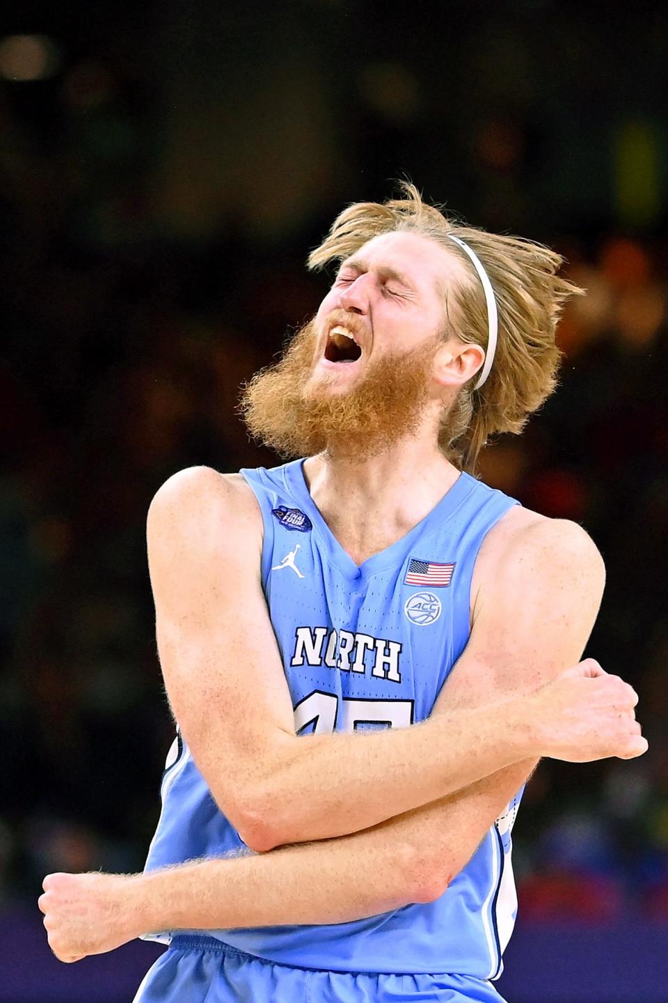 Apr 4, 2022; New Orleans, LA, USA; North Carolina Tar Heels forward Brady Manek (45) reacts after making a three point basket against the Kansas Jayhawks during the first half during the 2022 NCAA men's basketball tournament Final Four championship game at Caesars Superdome.