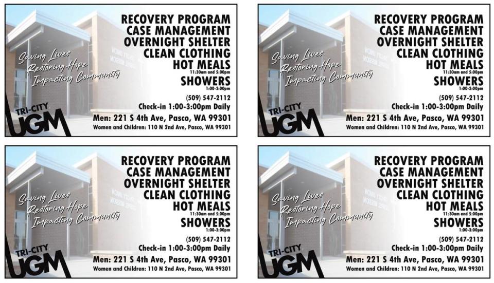 The Tri-City Union Gospel mission has printable rescue cards on its website that can be handed out to people in need so they can find resources offered at the Pasco-based facilities.