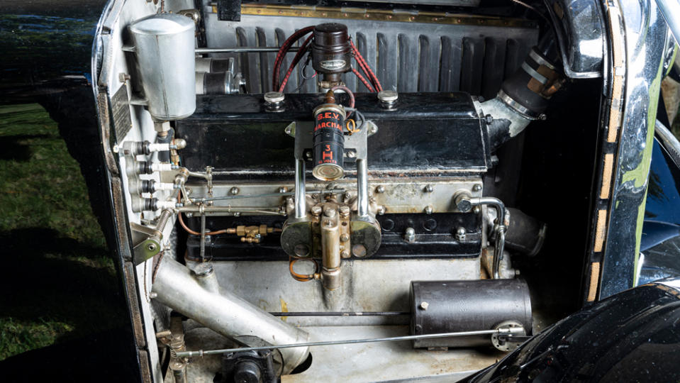 The 2.3-liter, inline-six engine inside a 1931 Avions Voisin C14 "Chartre" automobile.