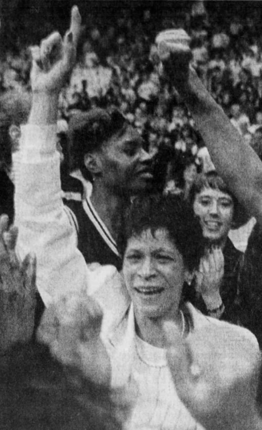 Iowa coach C. Vivian Stringer shares her emotions with players and staff after the Hawkeyes beat Tennessee, 72-56, March 27, 1993, in Iowa City.