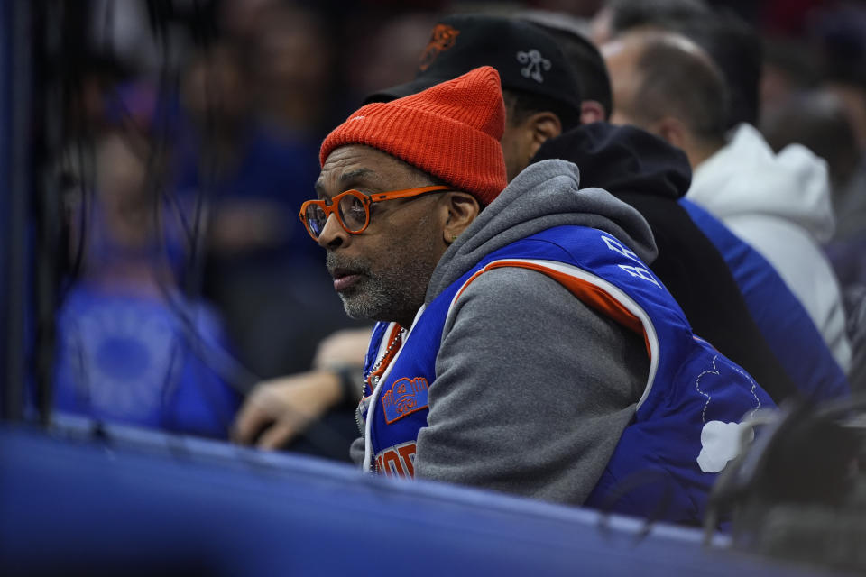 Spike Lee watches an NBA basketball game between the Philadelphia 76ers and the New York Knicks, Thursday, Feb. 22, 2024, in Philadelphia. (AP Photo/Matt Slocum)