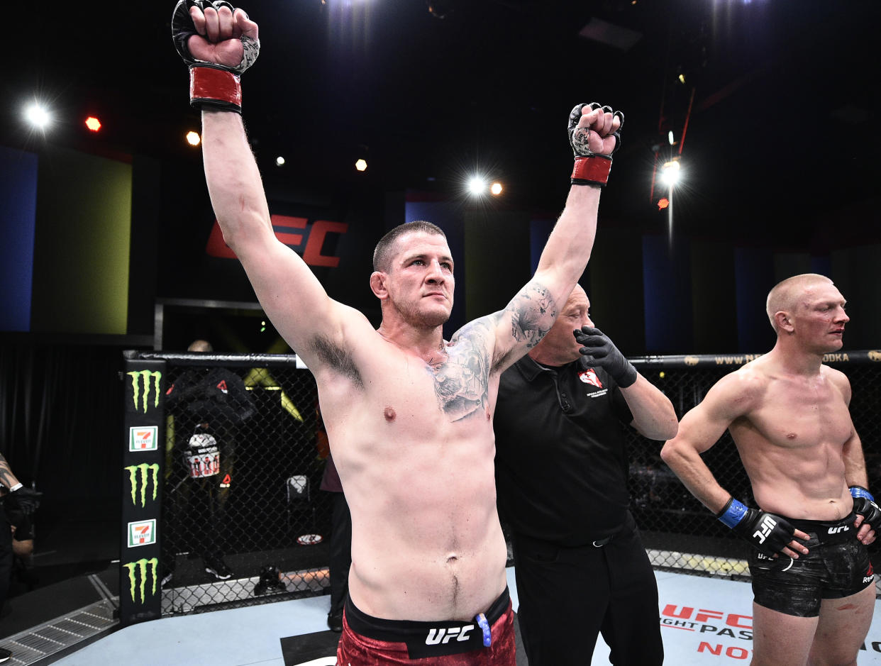 LAS VEGAS, NEVADA - JUNE 20: Marc-Andre Barriault of Canada celebrates after his victory over Oskar Piechota of Poland in their middleweight bout during the UFC Fight Night event  at UFC APEX on June 20, 2020 in Las Vegas, Nevada. (Photo by Chris Unger/Zuffa LLC)