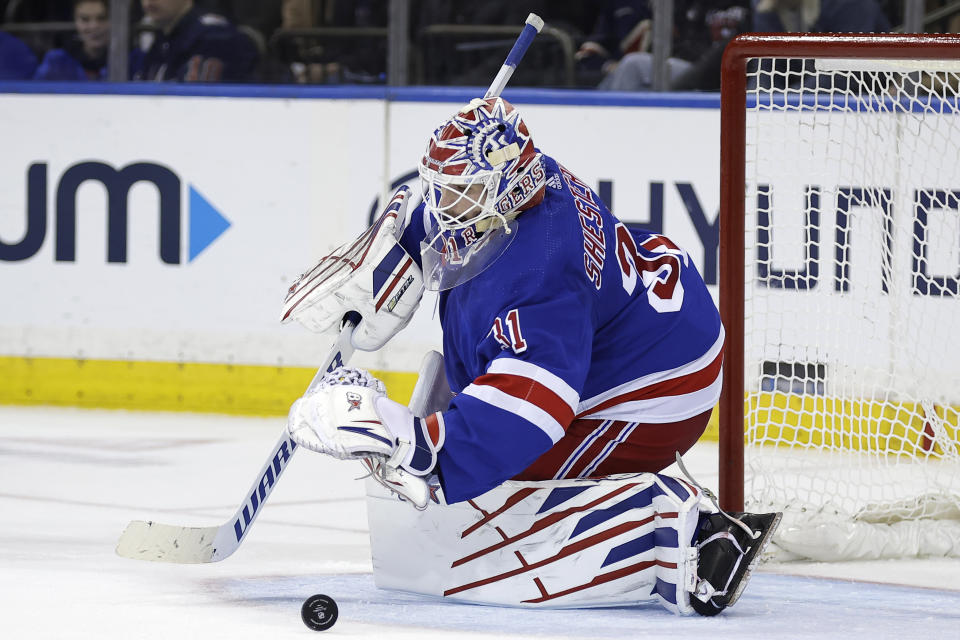 New York Rangers goaltender Igor Shesterkin makes a save against the Washington Capitals during the second period of an NHL hockey game Wednesday, Dec. 27, 2023, in New York. (AP Photo/Adam Hunger)