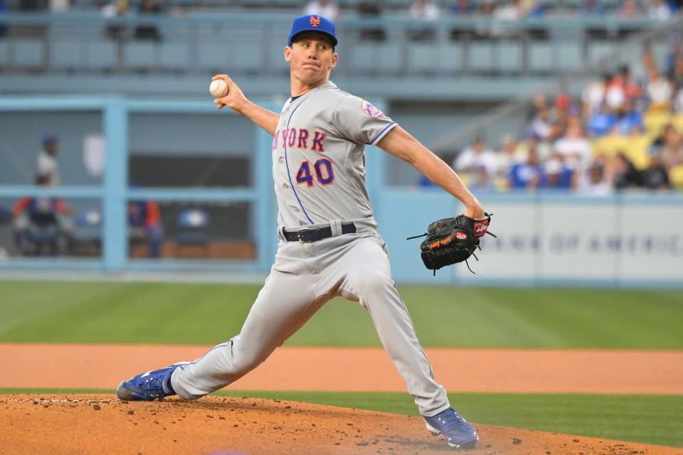 New York Mets starting pitcher Chris Bassitt throws to a Los Angeles Dodgers during the first inning of a baseball game Friday, June 3, 2022, in Los Angeles.