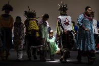 <p>The Longhouse Singers and Dancers representing the Oneida Nation perform at the Museum of the American Revolution in Philadelphia, Pa., Monday, Oct. 9, 2017. (Photo: Matt Rourke/AP) </p>