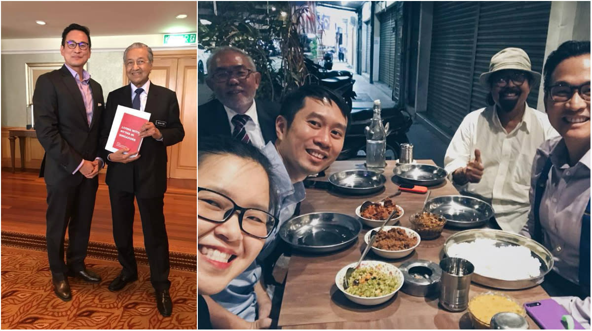 <span>Historian Thum Ping Tjin (left) with Malaysian Prime Minister Mahathir Mohamad on 30 August, 2018. Activist Kirsten Han (centre, in specs), activist Jolovan Wham (in blue) and Thum (right) at a gathering after the meeting on the same day. (</span>PHOTOS: Pingtjin Thum,Kristen Han/Facebook)