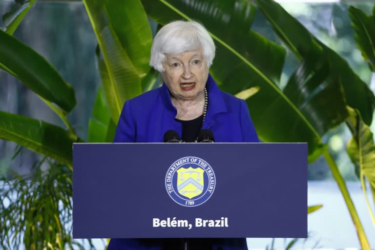 La secretaria del Tesoro estadounidense, Janet Yellen, anunció un esfuerzo de cooperación con los países amazónicos para combatir los delitos ambientales, en Belém, Brasil, el 27 de julio de 2024. (THIAGO GOMES)