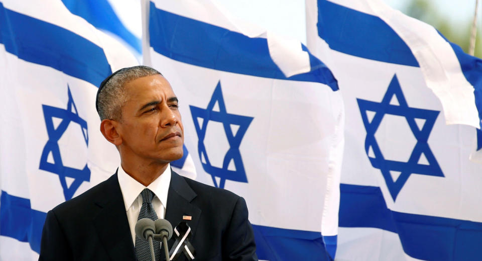 <p>President Barack Obama speaks at the funeral service of former Israeli President Shimon Peres at the Mount Herzl cemetery in Jerusalem on Sept. 30, 2016. (REUTERS/Kevin Lamarque)</p>