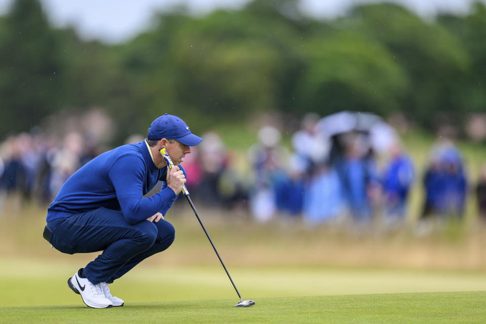 Rory McIlroy on the 5th hole on day one of the Scottish Open at The Renaissance Club, North Berwick, Scotland, Thursday July 11, 2024. (Malcolm Mackenzie/PA via AP)