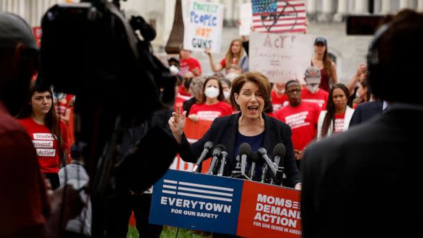 PHOTO: Sen. Amy Klobuchar addresses a rally with fellow Congressional Democrats and gun control advocacy groups outside the U.S. Capitol, May 26, 2022 in Washington. (Chip Somodevilla/Getty Images, FILE)