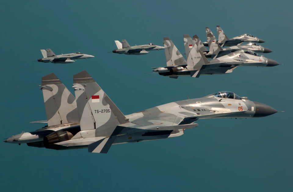 Two Royal Australian Air Force F/A-18As escort Indonesian Air Force Su-27 and Su-30 Flankers during Exercise Pitch Black 2012. <em>Commonwealth of Australia </em>