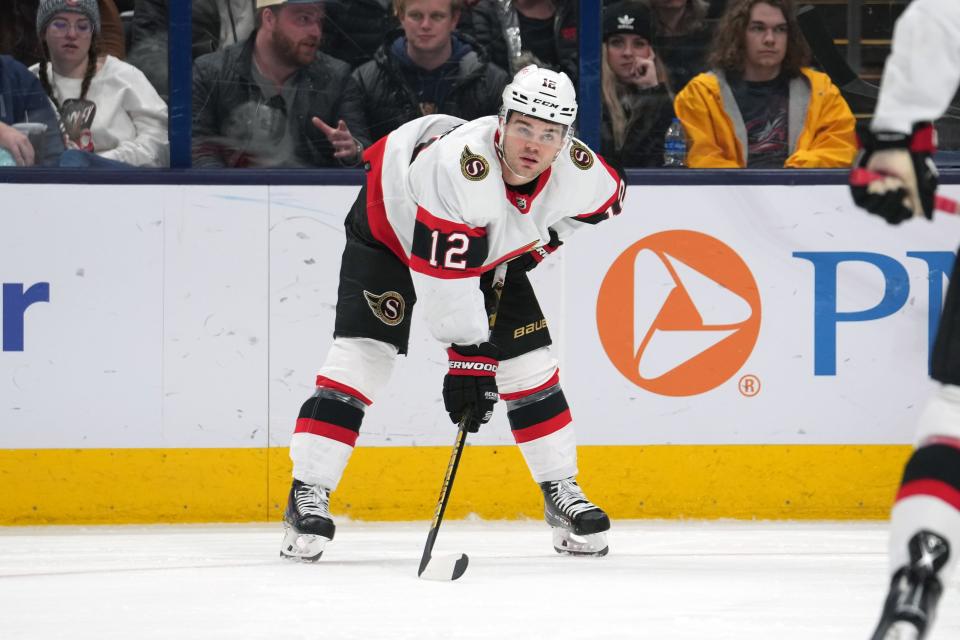 Ottawa Senators right wing Alex DeBrincat lines up for face-off during the second period against the Columbus Blue Jackets at Nationwide Arena in Columbus, Ohio, April 2, 2023.