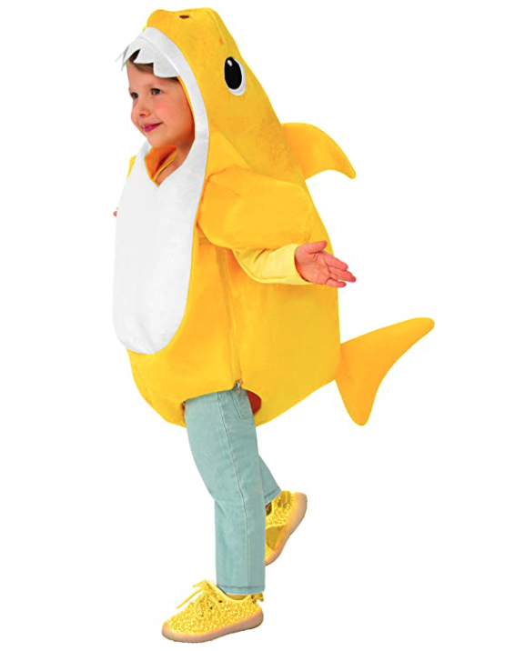 Toddler girl wears yellow Baby Shark Costume.