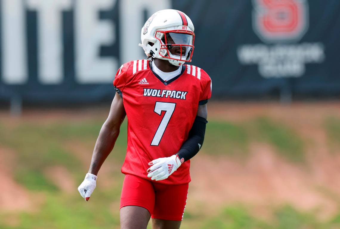 N.C. State cornerback Shyheim Battle (7) lines up for a play during the Wolfpack’s first fall practice in Raleigh, N.C., Wednesday, August 2, 2023. Ethan Hyman/ehyman@newsobserver.com