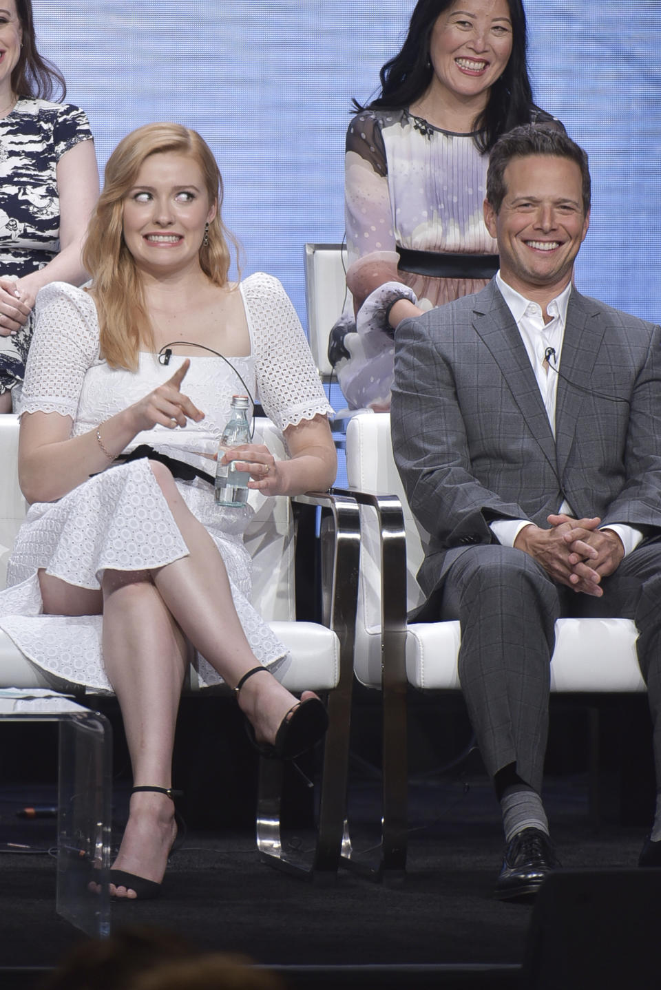 Kennedy McMann, left, and Scott Wolf participate in The CW "Nancy Drew" panel during the Summer 2019 Television Critics Association Press Tour at the Beverly Hilton Hotel on Sunday, Aug. 4, 2019, in Beverly Hills, Calif. (Photo by Richard Shotwell/Invision/AP)