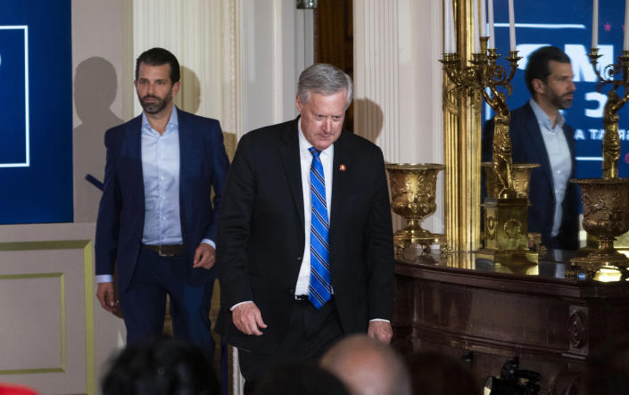 Donald Trump Jr., left, and Mark Meadows, the White House chief of staff, on Nov. 4, 2020, the day after Election Day, at the White House in Washington. (Doug Mills/The New York Times)