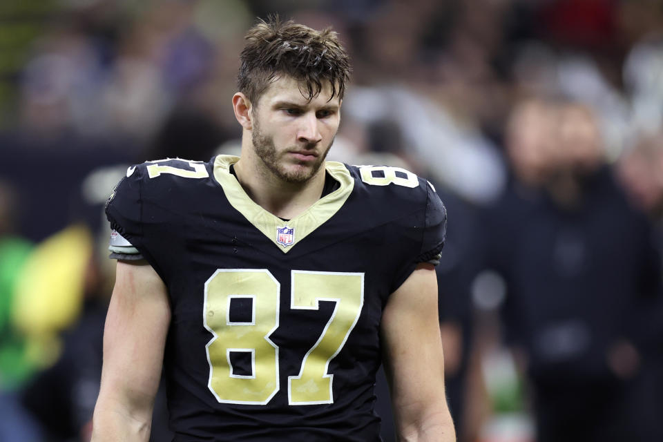 Dec 17, 2023; New Orleans, Louisiana, USA; New Orleans Saints tight end Foster Moreau (87) looks on during the first half against the New York Giants at Caesars Superdome. Mandatory Credit: Stephen Lew-USA TODAY Sports