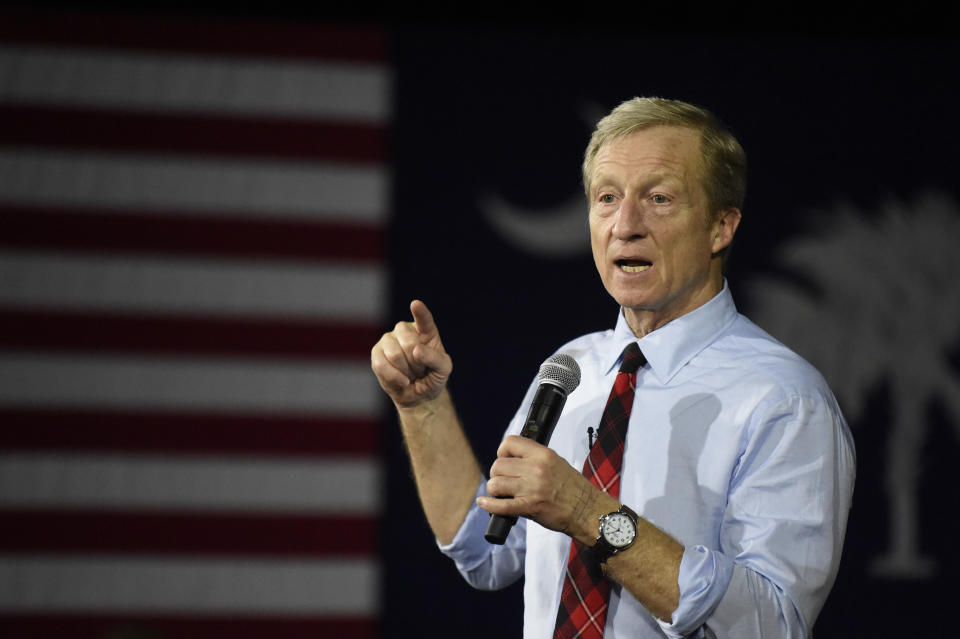 Democratic presidential hopeful Tom Steyer speaks at a town hall campaign event on Monday, Feb. 10, 2020, in Rock Hill, S.C. (Meg Kinnard/AP)