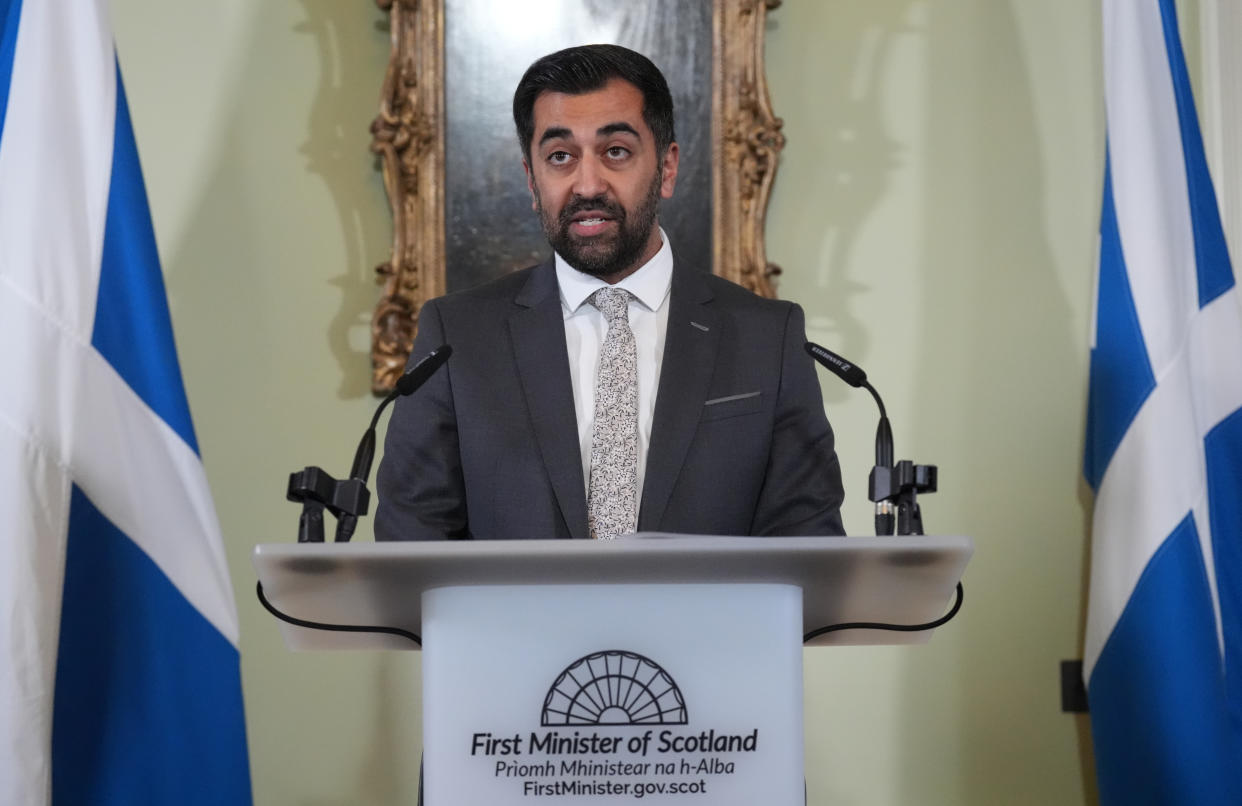 First Minister Humza Yousaf speaks during a press conference at Bute House