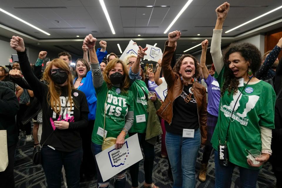 Supporters cheer following the announcement of the projected passage of Issue 1 during a gathering at the Hyatt Regency Downtown Columbus on Nov 7, 2023. The issue establishes a constitutional right to abortion.