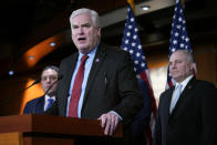 FILE - Rep. Tom Emmer, R-Minn., speaks at a news conference on Capitol Hill in Washington, Tuesday, Jan. 10, 2023. Standing behind Emmer are Rep. Anthony D'Esposito, R-N.Y., left, and House Majority Leader Steve Scalise of La. (AP Photo/Patrick Semansky, File)