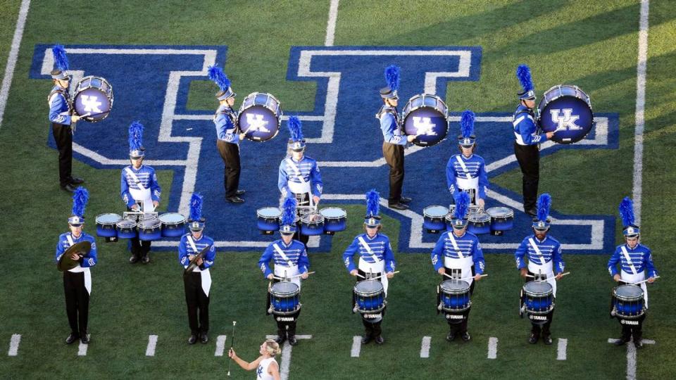 The University of Kentucky marching band before a football game against Northern Illinois at Kroger Field in Lexington, Ky., Saturday, Sept. 24, 2022.