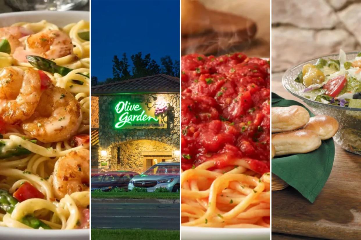 Collage of various food items from Olive Garden's menu signifying healthy eating options