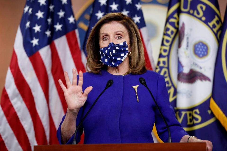 WASHINGTON, Oct. 9, 2020 -- U.S. House Speaker Nancy Pelosi speaks during a press conference on Capitol Hill in Washington, D.C., the United States, on Oct. 9, 2020. U.S. President Donald Trump has approved a revised COVID-19 relief package in the negotiations with congressional Democrats, White House's National Economic Council Director Larry Kudlow said Friday. U.S. Treasury Secretary Steven Mnuchin is expected to discuss a new 1.8-trillion-U.S.-dollar relief proposal with House Speaker Nancy Pelosi when the two speak Friday afternoon, according to The Wall Street Journal. (Photo by Ting Shen/Xinhua via Getty) (Xinhua/T IngShen/liujie via Getty Images)