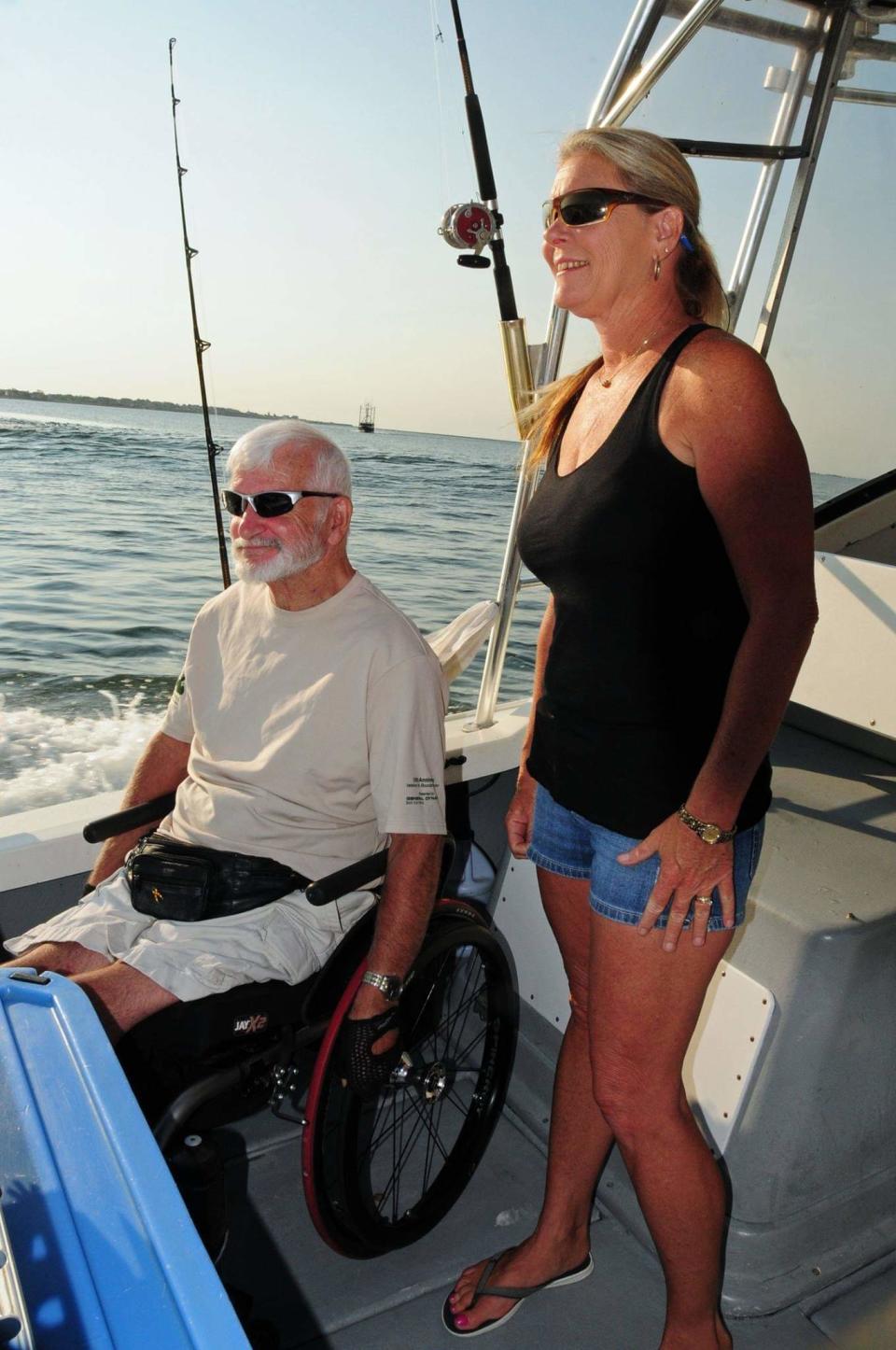 George Saint Hilaire, an Air Force veteran from Sanford, Maine, and Carol Miller, first mate of the Miller Time out of Galilee, head out from Point Judith for a past deep-sea fishing clinic. This was part of an Adaptive Summer Sports Clinic hosted by the Providence VA Medical Center.