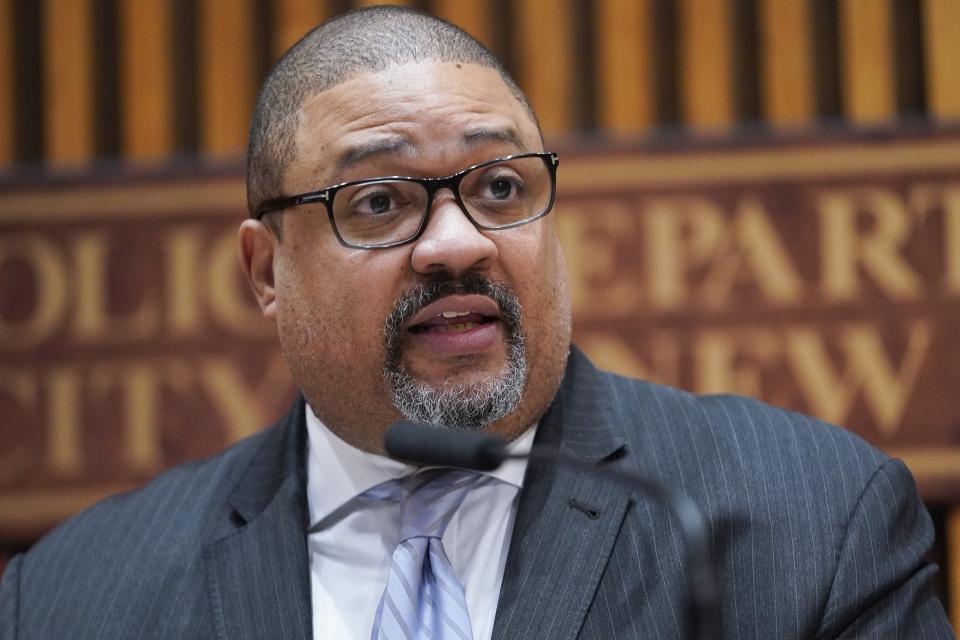 FILE - Manhattan District Attorney Alvin Bragg speaks to reporters during a news conference, April 18, 2023, in New York. The hush money trial of former President Donald Trump begins Monday, April 15, 2024, with jury selection. It's a singular moment for American history as the first criminal trial of a former U.S. commander-in-chief. Bragg's office has said that Trump was trying to conceal violations of federal campaign finance laws — an unusual legal strategy some experts have said could potentially backfire. (AP Photo/Mary Altaffer, File)