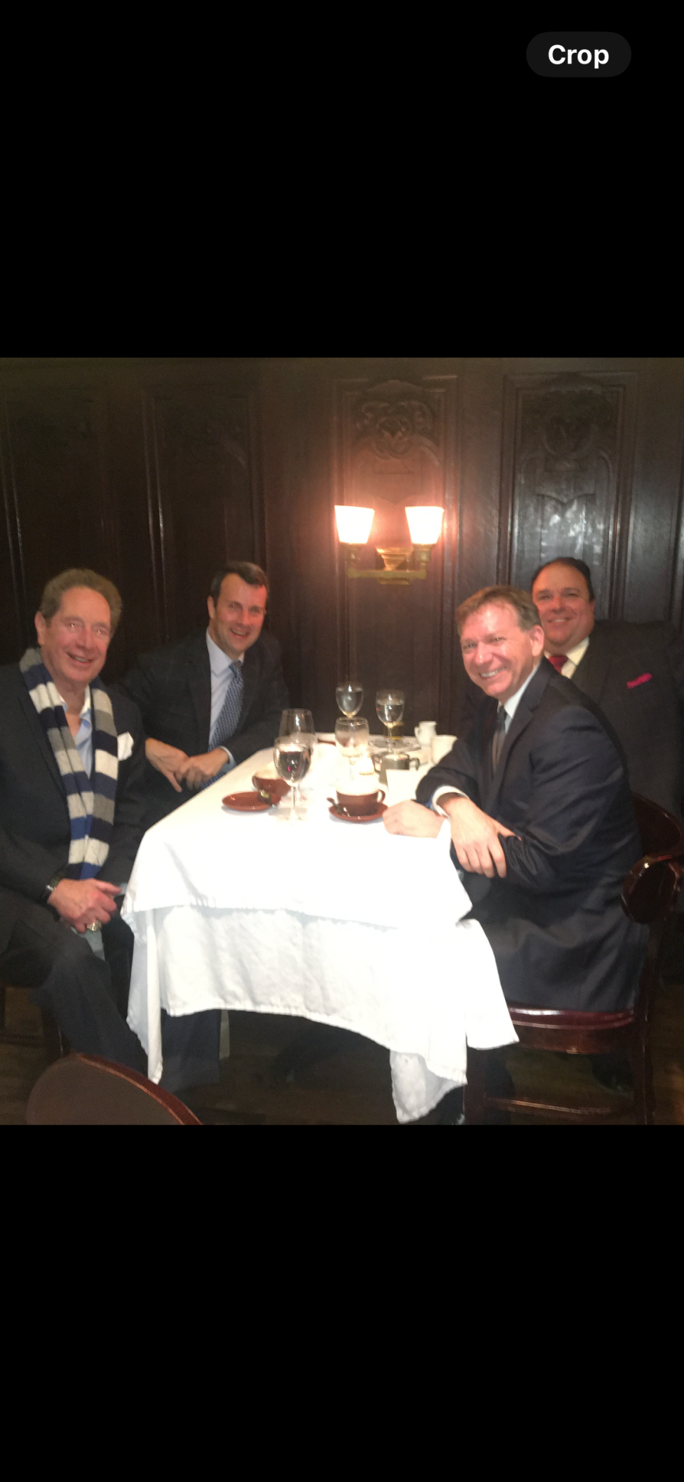 New York sports media members Anthony McCarron, Dom Amore and Pete Caldera out to dinner with Yankees broadcaster John Sterling at Keens Steakhouse in Manhattan.
