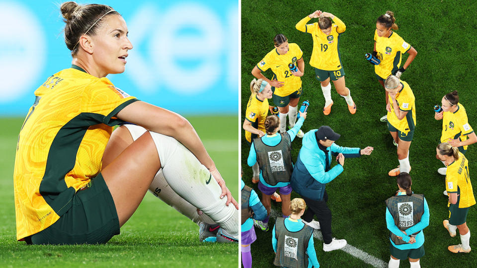 Tony Gustavsson talks to Matildas players after Steph Catley went down.