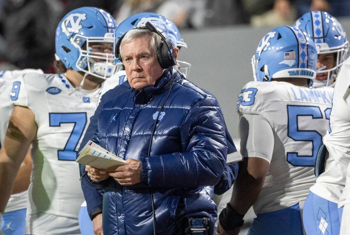 North Carolina coach Mack Brown watches as his team falls behind N.C. State 23-0 in the second quarter on Saturday, November 25, 2023 at Carter-Finley Stadium in Raleigh, N.C.
