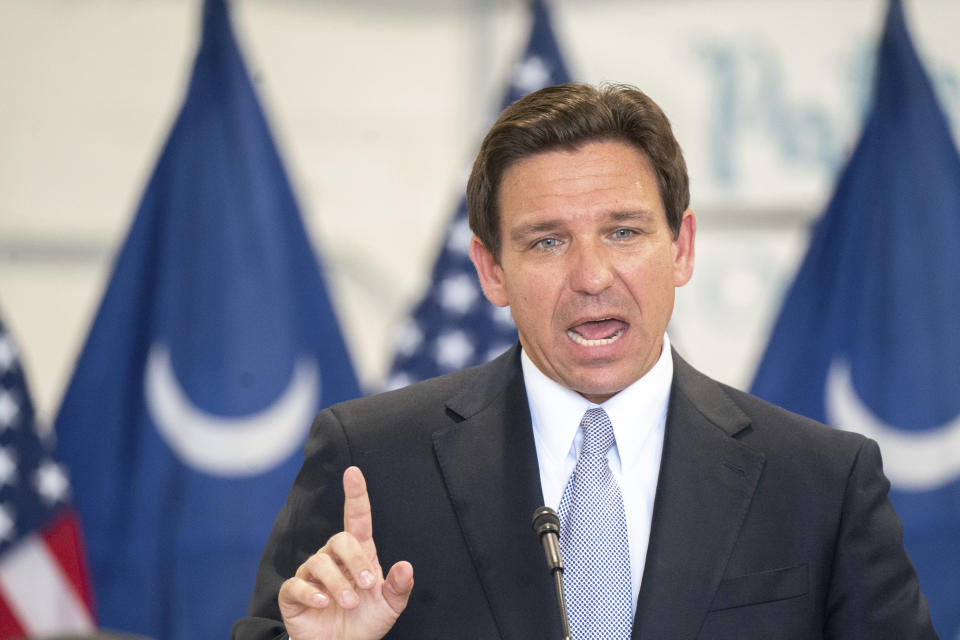 Florida Governor and Republican presidential candidate Ron DeSantis speaks during a press conference at the Celebrate Freedom Foundation Hangar in West Columbia, S.C. Tuesday, July 18, 2023. DeSantis visited South Carolina to file his 2024 candidacy for president. (AP Photo/Sean Rayford)