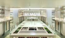 <p>Through the doors, there's a fun laboratory-like dining area decked out with test tubes, beakers, and flasks.</p>