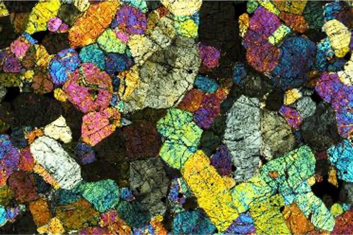 The Chassigny meteorite in cross-polarized light (Scripps Institution of Oceanography at UC San Diego)