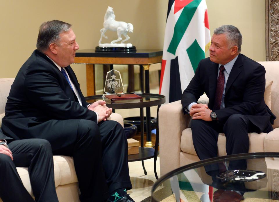 Secretary of State Mike Pompeo, left, meets with King Abdullah of Jordan, Tuesday, Jan. 8, 2019, in Amman, Jordan.