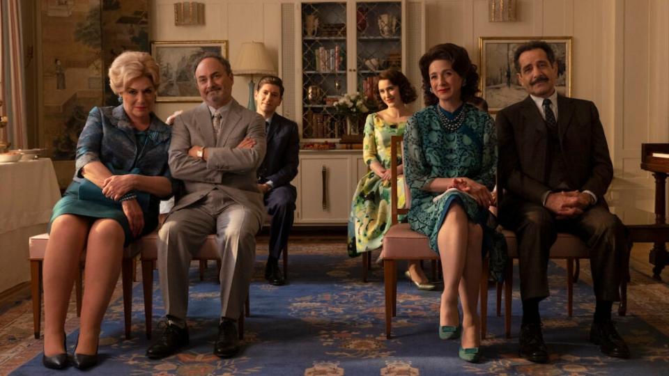 Caroline Aaron, Kevin Pollak, Michael Zegen, Rachel Brosnahan, Marin Hinkle and Tony Shalhoub in a still from “The Marvelous Mrs. Maisel.”