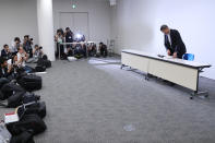 Nissan Chief Executive Hiroto Saikawa attends a press conference in the automaker's headquarters in Yokohama, near Tokyo, Monday, Sept. 9, 2019. Saikawa tendered his resignation Monday after acknowledging that he had received dubious income and vowed to pass the leadership of the Japanese automaker to a new generation. (AP Photo/Koji Sasahara)