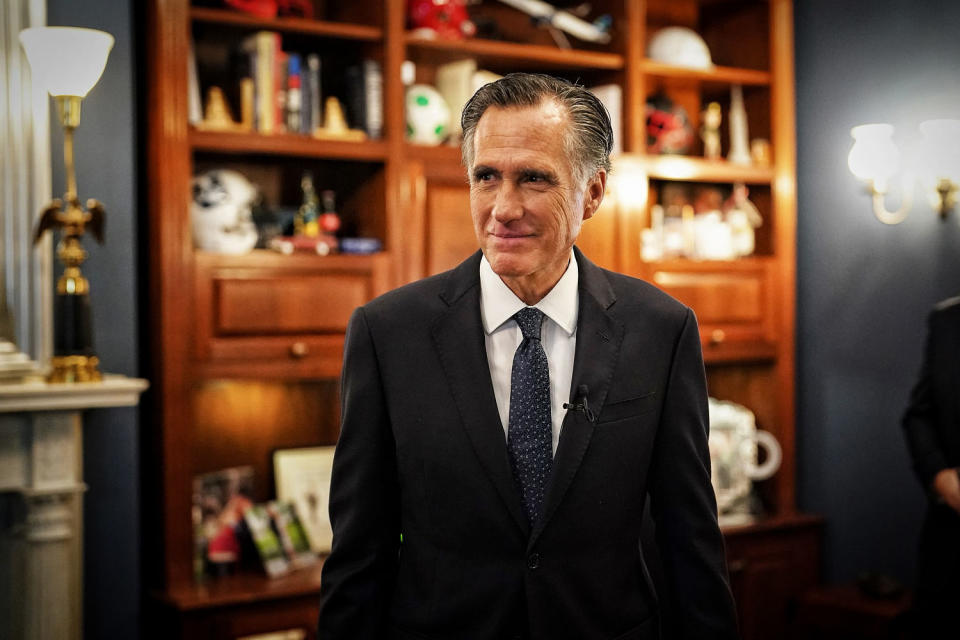 Sen. Mitt Romney, R-Utah, in his office after announcing he will not seek re-election on, Sept. 13, 2023 in Washington. (Frank Thorp V / NBC News)