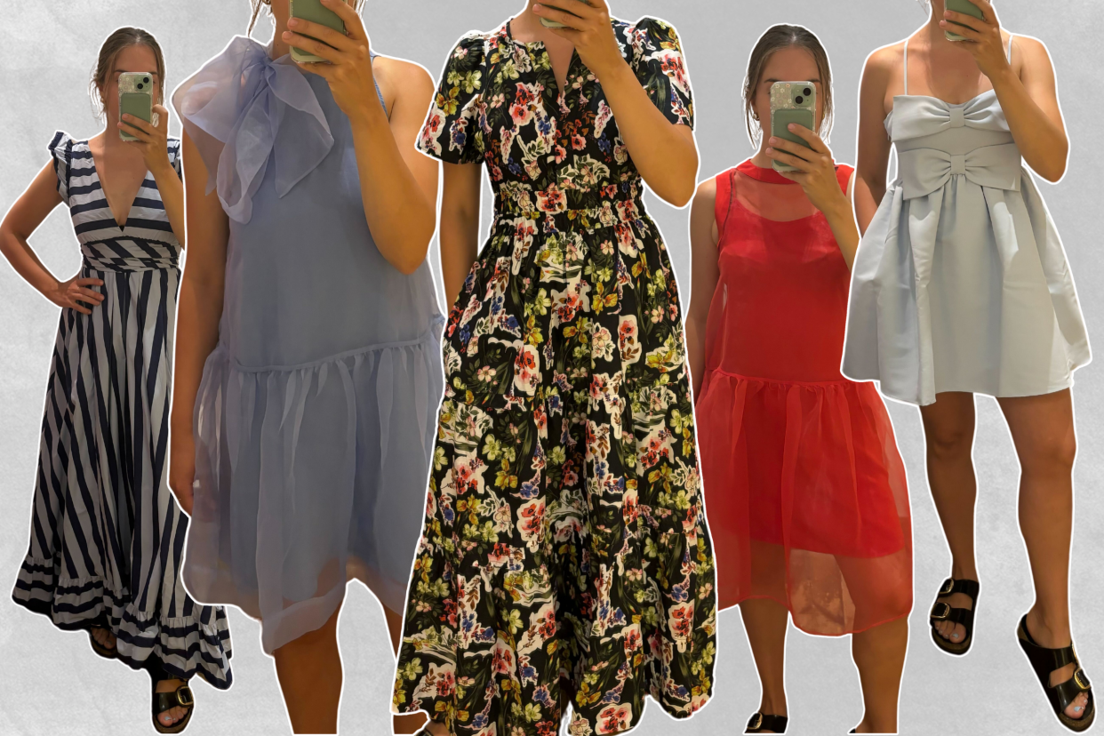 collage of woman wearing anthropologie wedding guest dresses, blue striped maxi dress, blue organza bow mini dress, somerset black floral maxi dress, red organza midi dress, blue mini dress with bows