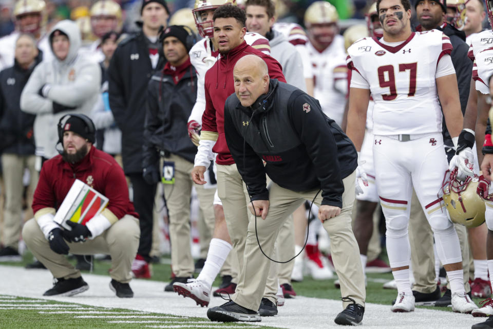 Boston College head coach Steve Addazio watches his team from the sideline as his team played against Notre Dame during the first half of an NCAA college football game in South Bend, Ind., Saturday, Nov. 23, 2019. Notre Dame defeated Boston College 40-7. (AP Photo/Michael Conroy)