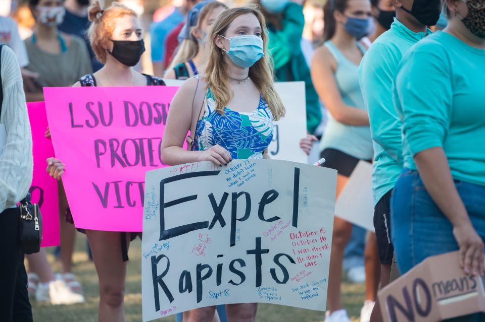 Protesters gathered and marched on LSU campus in November 2020 after a USA TODAY investigation revealed the school's mishandling of sexual misconduct and dating violence allegations against football players and other students.