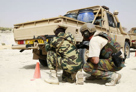 A U.S. soldier trains a Chadian soldier in a mock ambush during Flintlock 2015, an American-led military exercise, in Mao February 22, 2015. REUTERS/Emmanuel Braun