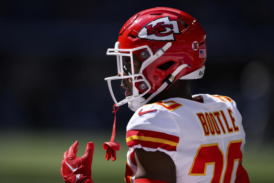 Kansas City Chiefs defensive back Dicaprio Bootle (30) warms up on the field before an NFL football game against the Indianapolis Colts, Sunday, Sept. 25, 2022, in Indianapolis. (AP Photo/Zach Bolinger)