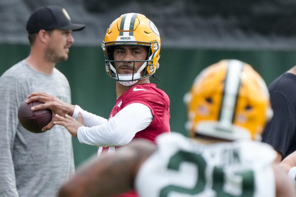 Green Bay Packers' Jordan Love throws during an NFL football practice session Tuesday, June 4, 2024, in Green Bay, Wis. (AP Photo/Morry Gash)