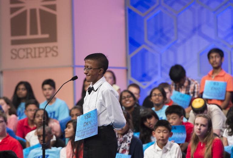 Dev Jaiswal of Louisville, Mississippi, spells his word during the 3rd round of the 88th Annual Scripps National Spelling Bee at National Harbor, Maryland, May 27, 2015