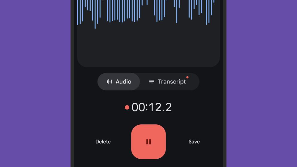 The Recorder app lets you switch between audio and transcription views. Screenshot: Google Pixel