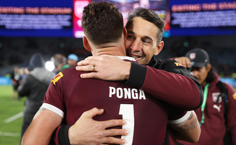 Kalyn Ponga and Billy Slater, pictured here after State of Origin 1 in 2022.