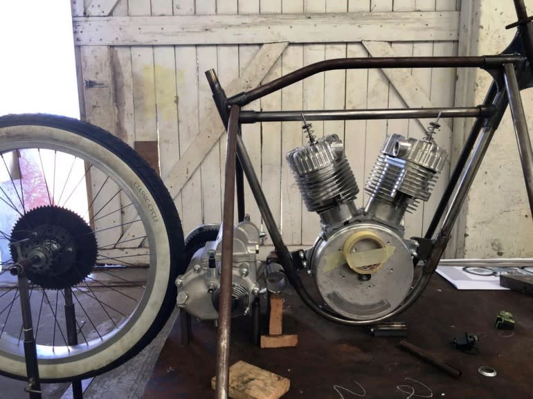 Here you can see a mock up of a later bike, and Harley transmission adapted to it.